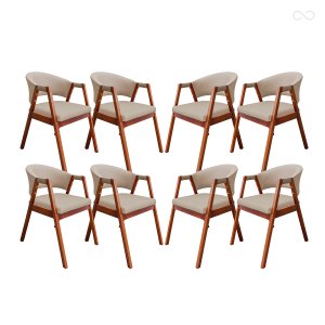 Kit 8 Cadeira Poltrona para Sala de Jantar Ravena em Madeira Castanho Suede Bege Ccs