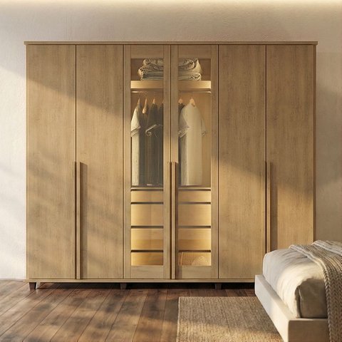 Guarda Roupa Belgica Reflecta 6 Portas com Vidro 3 Gavetas Cabideiro Nichos Prateleiras - Cinamomo