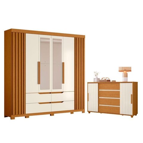 Guarda Roupa Casal Doble com Espelho 06 Portas e Cômoda Evidenza 02 Portas e 04 Gavetas Cinamomo