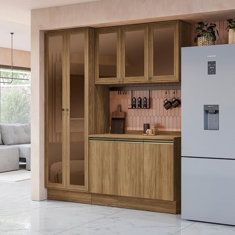 Armário de Cozinha Compacta com Vidro Reflecta 100% Mdf 192cm Nogueira Celeste Kappesberg