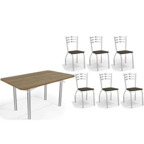 Conjunto: Mesa Sala Jantar Elba C/ Tampo de Madeira 160cm e 6 Cadeiras Portugal Cromada/nogueira -