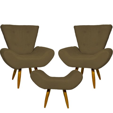 Kit 2 Poltronas Decorativas Para Sala Recepção Escritório Consultório + Puff Emilia Suede