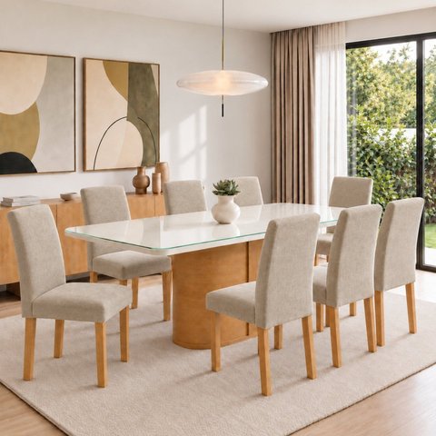 Conjunto Sala de Jantar 8 Lugares Retangular Tampo Vidro/MDF 200x90cm Mesa Diana e Cadeiras Espanha