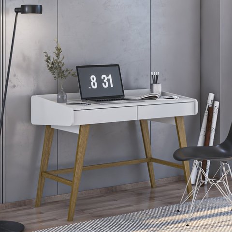 Escrivaninha Mesa Escritório 100% MDF Retrô Havana 2 Gavetas 110cm Branco e Marrom
