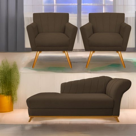 Kit Diva Recamier Vanessa 140cm Lado Esquerdo e 02 Poltronas Laura Suede - Doce Sonho Móveis RECAMIE