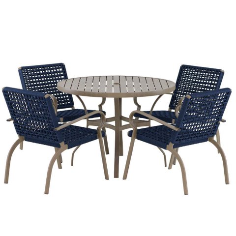 Kit 4 Cadeiras Corda Náutica e Mesa Tampo Ripado Varanda Alumínio Edícula