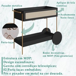 Carrinho Bar Porta Taças 110 Cm Pes Metal Oslo 28964 Nero Artesano - 3