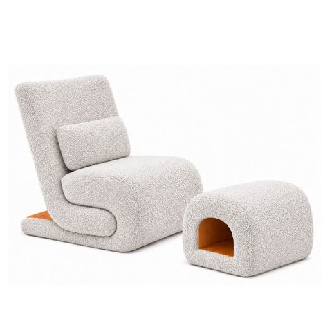 Kit Poltrona com Puff Fluxo Bouclé Cinza | Courino Caramelo - Sallar Home