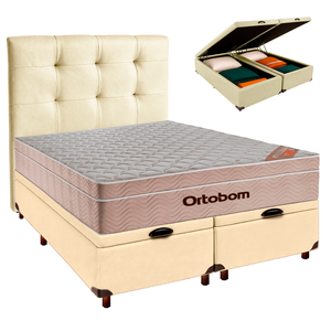Cama Box Bau + Colchão Queen Ortobom Molas Ensacadas Airtech + Cabeceira Estofada