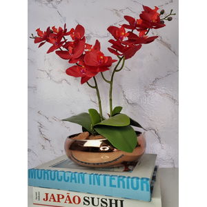 Arranjo Com 2 Orquídeas Vermelha Vaso Cobre 22cm