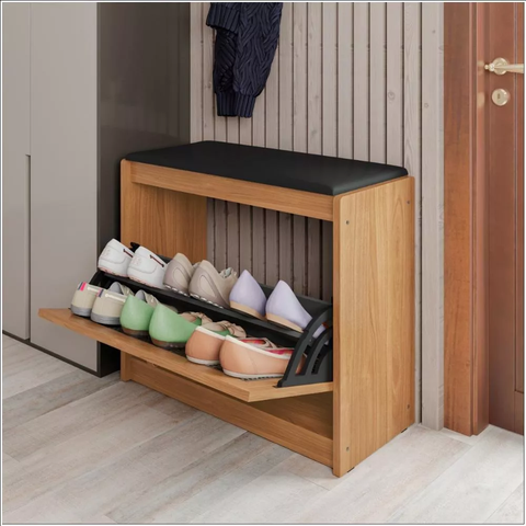 Sapateira Banco de Madeira Almofadado Corino Porta Palinha Rattan Basculante Plenitude Cor:preto