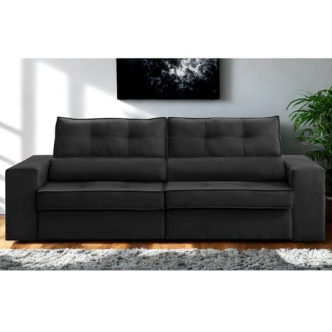 Sofá Retrátil e Reclinável 3 Lugares 2,30m com Molas Milão Suede Preto Mirra Decor