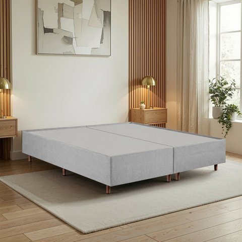 Cama Base Box King Estofada em Madeira Maciça Base Reforçada Santorini Espresso Móveis Cinza Linho