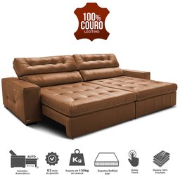 Sofá de Couro Legítimo Retrátil Automático 2,95m Cama Inbox Gran Vitaly softgel d40 Mel - 3