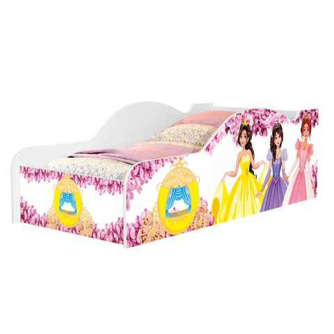 Cama de Solteiro Carro Infantil de Mdf para Quarto com Proteção Lateral Adesivada Das Princesas
