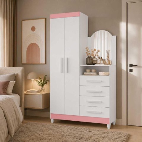 Guarda Roupa com Cômoda Solteiro New Capri 2 Portas 4 Gavetas MDP Branco Rosa Flex 103cm