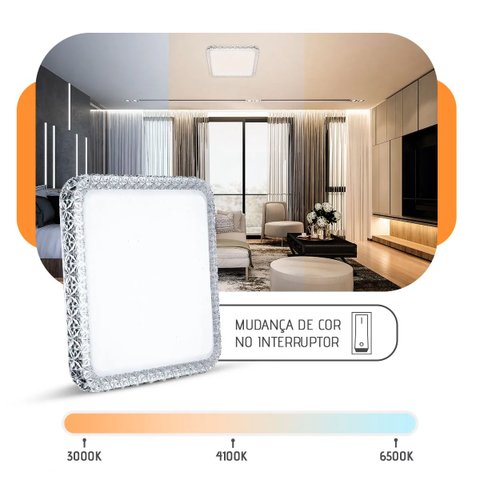 Lustre Plafon Led 24w Liso 33x33 Quadrado Acrílico Multicor Bivolt