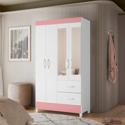 Guarda Roupa 4 Portas Cancun com Espelho Branco Rosa