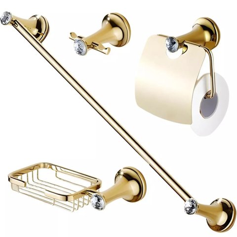 Kit de Acessórios para Banheiro Dourado com Pedra 4 Peças