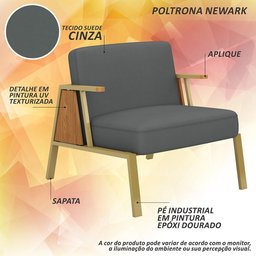 Kit 2 Poltronas Decorativa Newark Dourado/cinamomo/suede Cinza - M.a Dourado/cinamomo/suede Cinza - 3