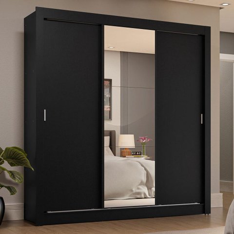 Guarda-roupa Casal 3 Portas de Correr com Espelho 4 Gavetas Preto Sublime Plus Madesa