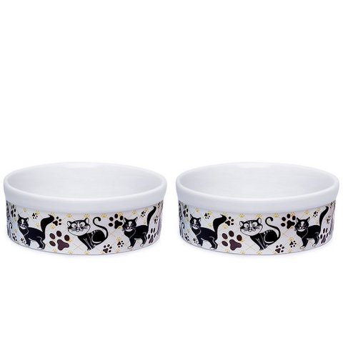 Kit Comedouro e Bebedouro de Porcelana 600ml Patinhas Gato