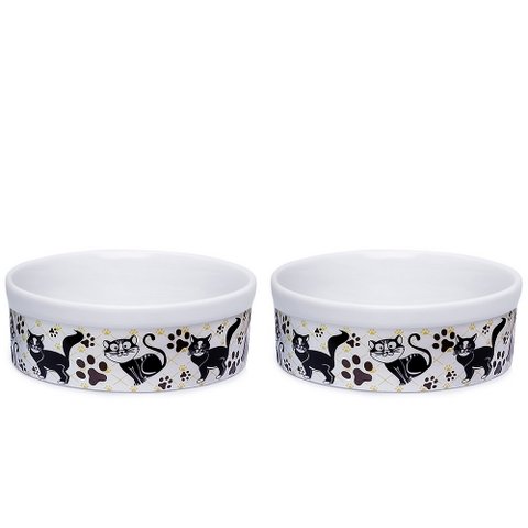 Kit Comedouro e Bebedouro de Porcelana 600ml Patinhas Gato