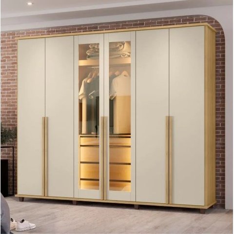 Guarda Roupa Belgica Cinamomo Off White 06 Portas Casal com 02 Portas Vidro Reflecta LED e Pes