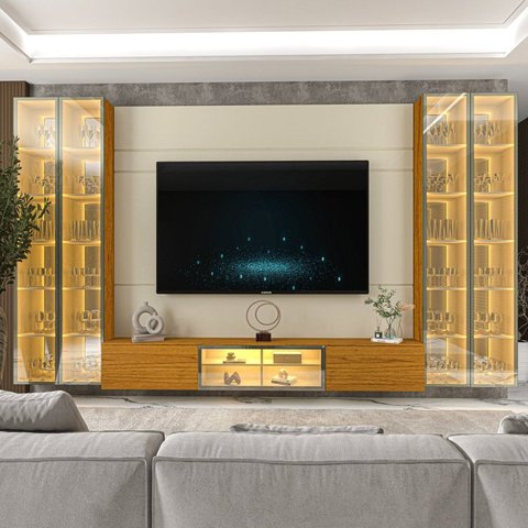 Home para TV até 90 Polegadas com LED e Espelho e Vidro Reflecta 369,8cm x 217,6cm 100% MDF Luminare