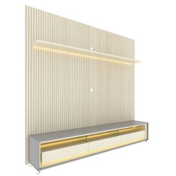 Painel e Rack com LED e Rodízio Requinte 220 Off White Impressão Ripado 3D Cinza - Gelius - 6