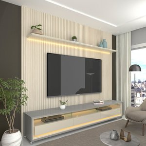 Painel e Rack com LED e Rodízio Requinte 220 Off White Impressão Ripado 3D Cinza - Gelius