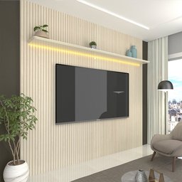 Painel e Rack com LED e Rodízio Requinte 220 Off White Impressão Ripado 3D Cinza - Gelius - 10