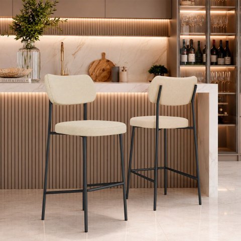 Kit 2 Banquetas Baixa Sala de Jantar Lisa Pés Preto Linho Bege m² - Monari Design