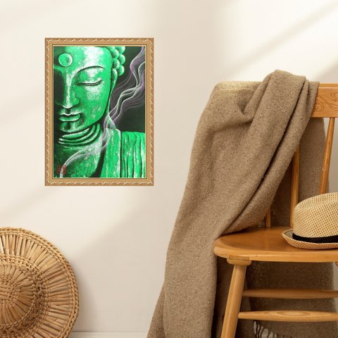 Quadro Moldura Dourada Buda Verde 24x18cm:com Vidro