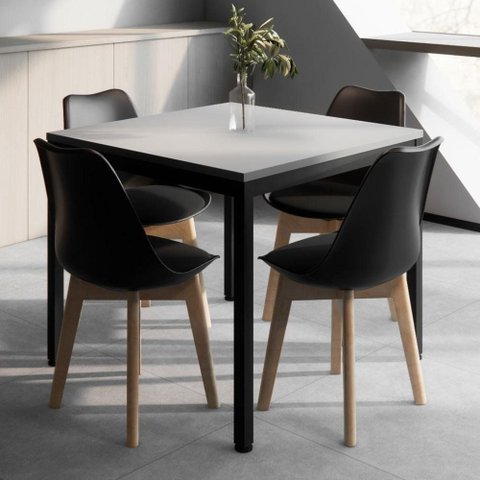 Mesa Cozinha e Refeitório 90cm x 90cm Pés Metal com 4 Cadeiras Siena Pés Madeira Casa Lar