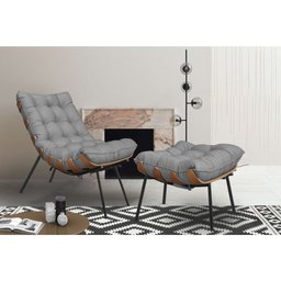 Poltrona com Puff Costela Sala Quarto Recepção Escritório Esqueleto Base Fixa Linho Cinza - 2
