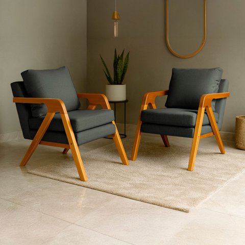 Kit 2 Poltrona Sala Decorativa Stella Estofada Veludo Cinza Base Madeira Castanho - Arkell
