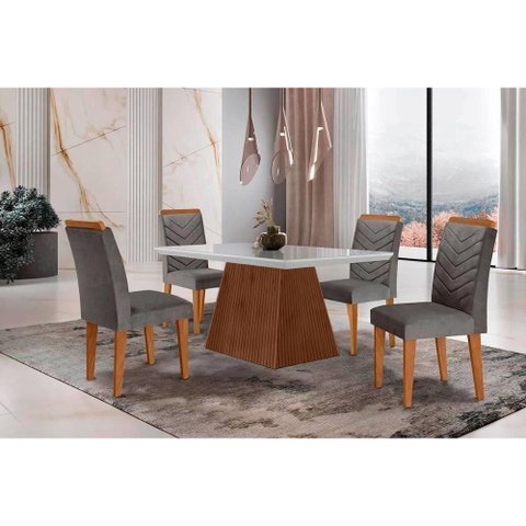 Sala de Jantar Completa Luna C/ Tampo Madeirado C/ Vidro Canto Curvo 120x80cm e 4 Cadeiras Londrina