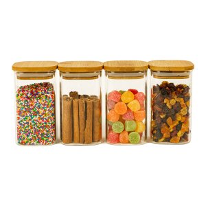 KIT 4 POTES DE VIDRO TAMPA BAMBU QUADRADO FLAT 250ML