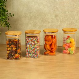 KIT 4 POTES DE VIDRO TAMPA BAMBU QUADRADO FLAT 250ML - 4