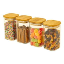 KIT 4 POTES DE VIDRO TAMPA BAMBU QUADRADO FLAT 250ML - 3