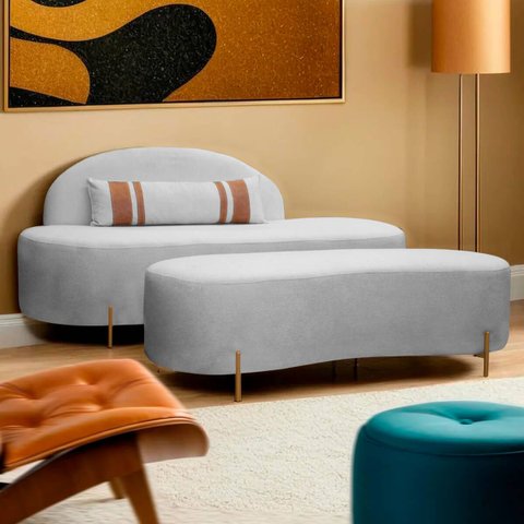 Kit Sofá Namoradeira Orgânica Maitê 1.80m com Puff Cinza Sofa Store