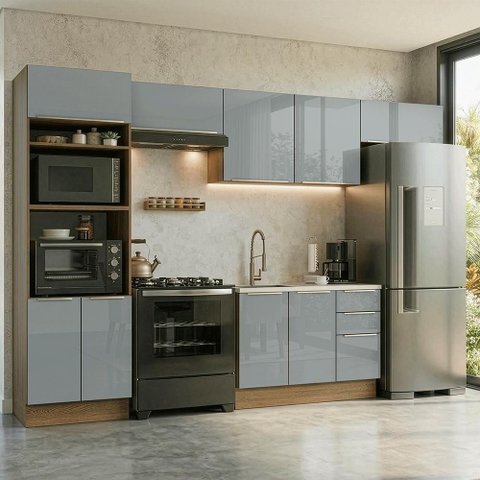 Armário de Cozinha Completa 350 x 60 cm Rustic/Cinza Lux Madesa 02