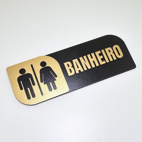 Placa Sinalização Banheiro Mdf Preto e Dourado Premium
