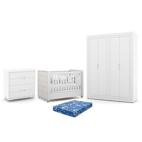 Dormitório Tutto New 4 Portas, Cômoda 4 Gavetas e Berço Branco Soft com Capitonê e Colchão