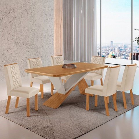 Conjunto Sala de Jantar Mesa Texas Tampo 180cm Canto Copo MDF e 6 Cadeiras Kate