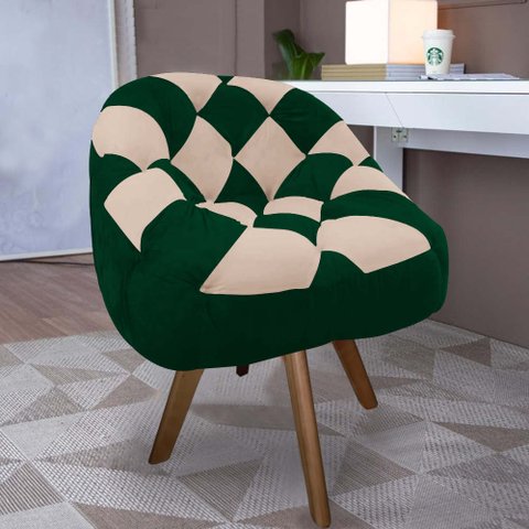 Poltrona Paloma Escritório Sala Giratória Madeira Suede Verde e Suede Bege - Dominic Decor
