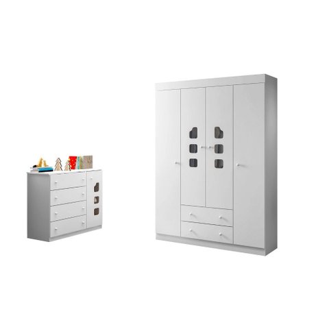 Kit Quarto Infantil Bebê Livia Cômoda 4 Gavetas e Guarda Roupa 4 Portas 2 Gavetas com Detalhe Branco