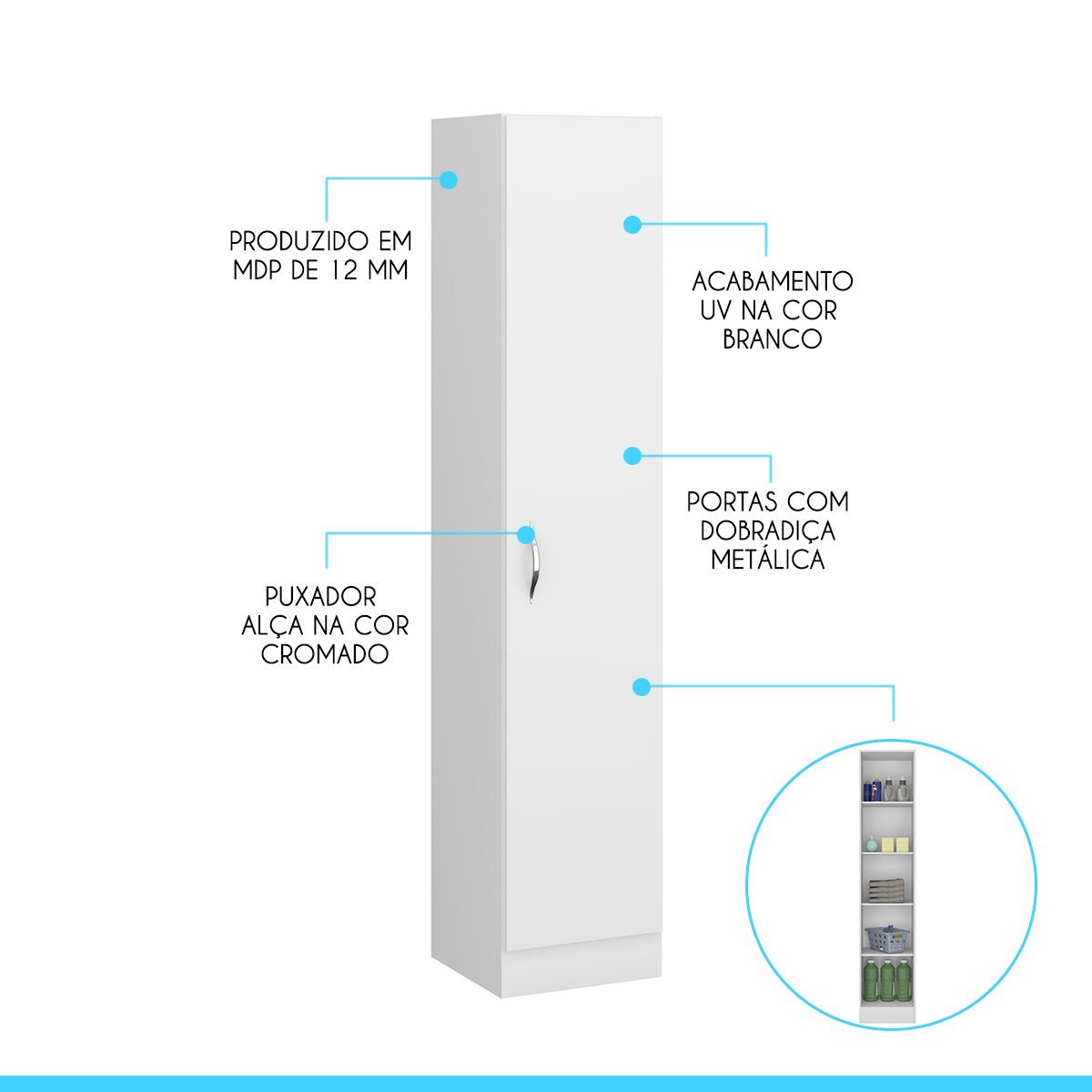 Armário Multuso com 1 Porta 39 X 182 Cm Mdp Branco 0802 Menu - 3