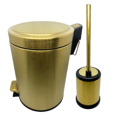 Kit Lixeira Fosca Dourada com Pedal e Escova Sanitaria Easy Fineza